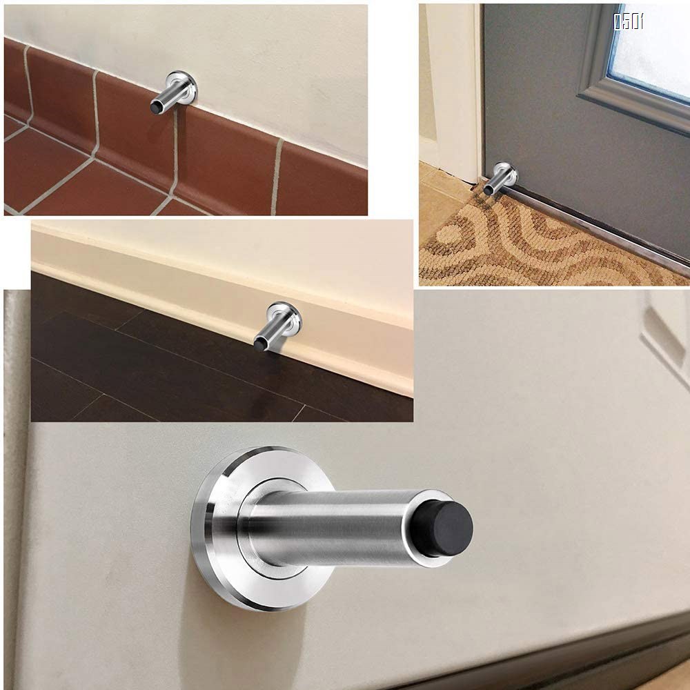 Stainless Steel Adjustable Door Stopper - Heavy Duty Door Stop with Rubber Bumper, Wall Mounted Solid Doorstop with Screws, Brushed Finish