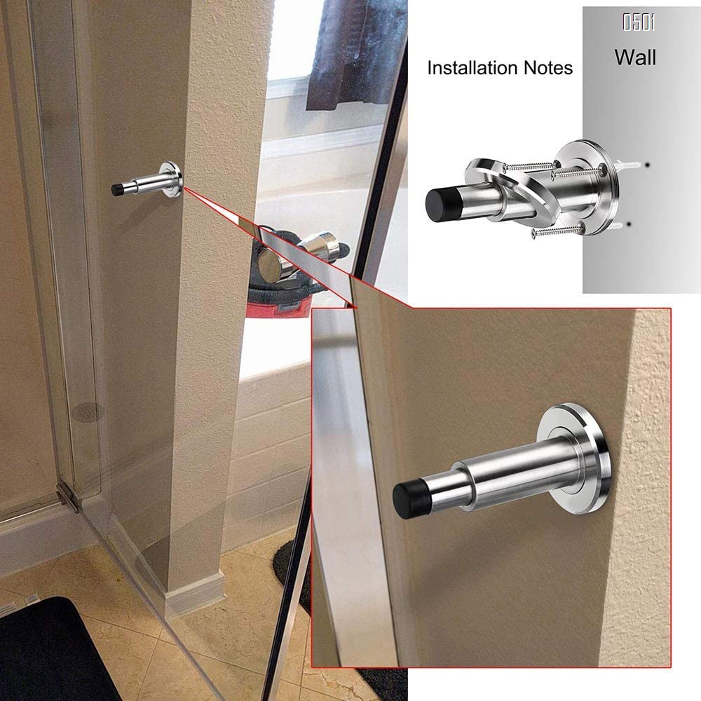 Stainless Steel Adjustable Door Stopper - Heavy Duty Door Stop with Rubber Bumper, Wall Mounted Solid Doorstop with Screws, Brushed Finish
