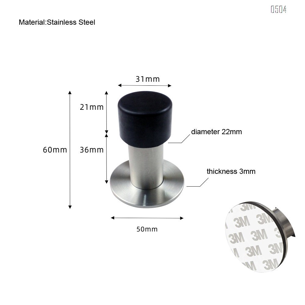 Adhesive Mounted Stainless Steel Door Stop with Sound Dampening Bumper Top for Doors, 6cm