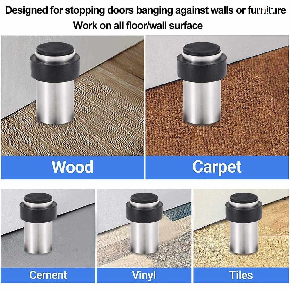 Door Stops 60mm with Rubber Bumper for Floor Wall Mount, Stainless Steel Heavy Duty Door Stopper Wedge with Screw, 3M Self Adhesive Tape No Need to Drill for Preventing Door Hitting Wall