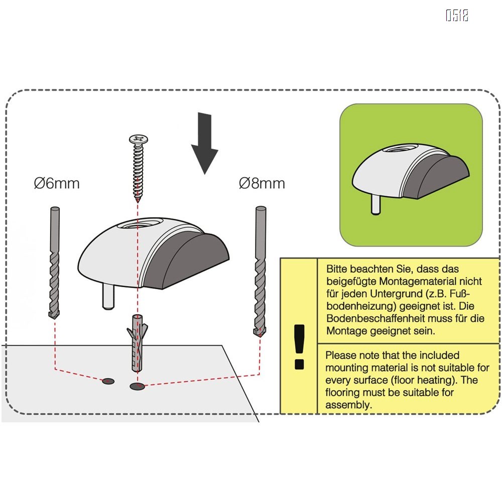 Half Moon Door Stop - Floor Mounted Stainless Steel Doorstop with Rubber Buffer - Door Stopper