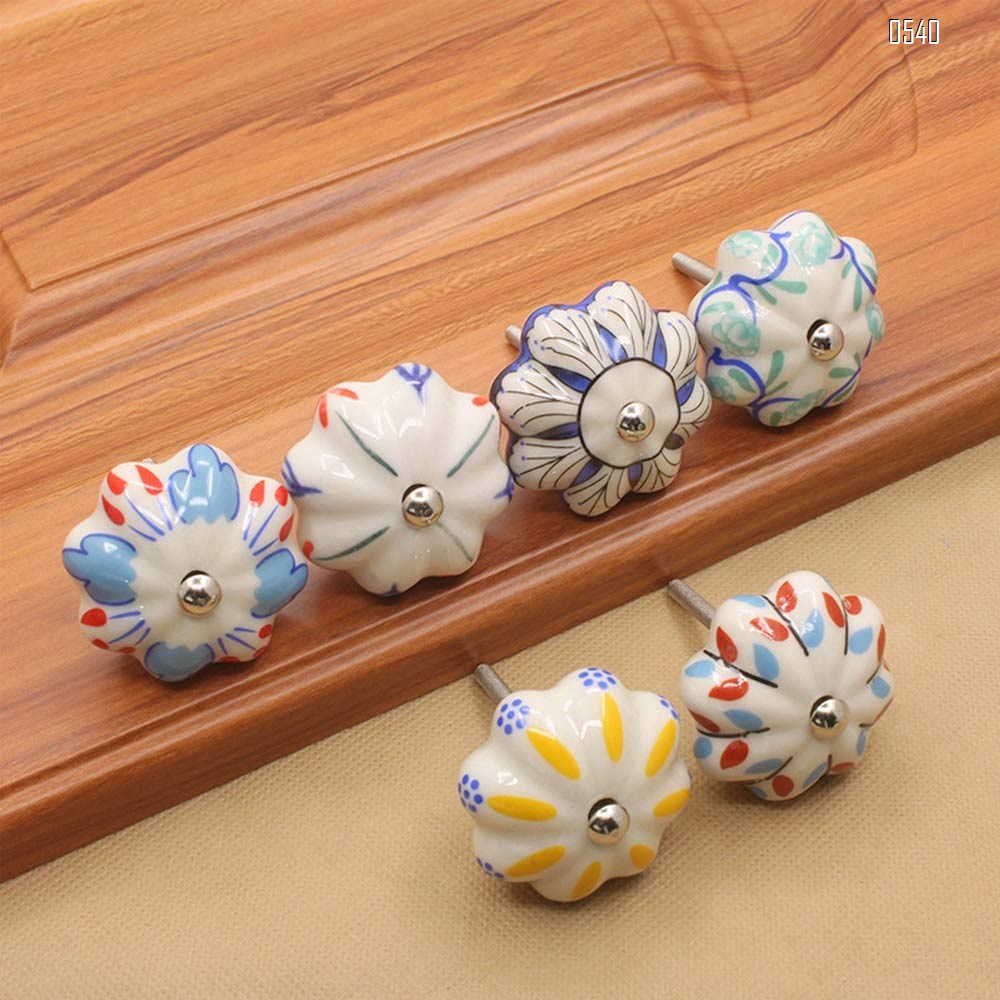 Vintage Shabby Knobs Blue and Pink Floral Hand Painted Ceramic Pumpkin Cupboard Wardrobe Cabinet Drawer Door Handles Pulls Knob