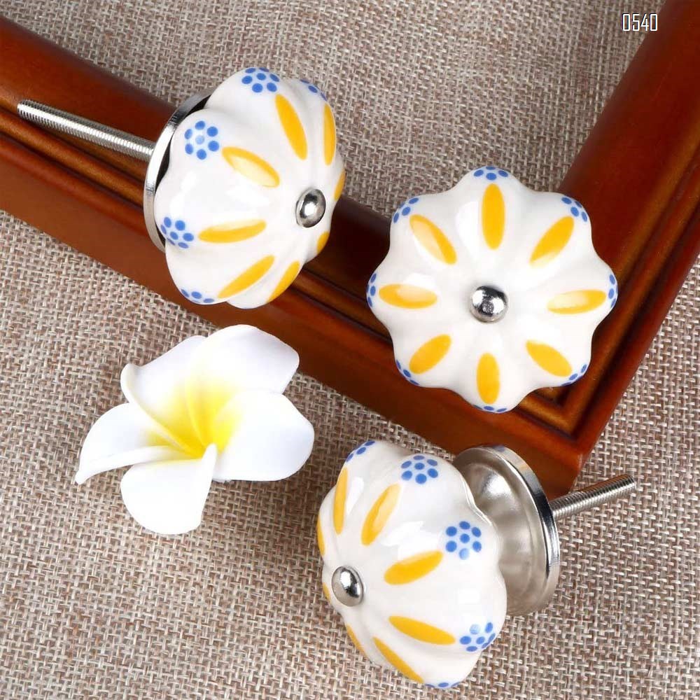 Vintage Shabby Knobs Blue and Pink Floral Hand Painted Ceramic Pumpkin Cupboard Wardrobe Cabinet Drawer Door Handles Pulls Knob