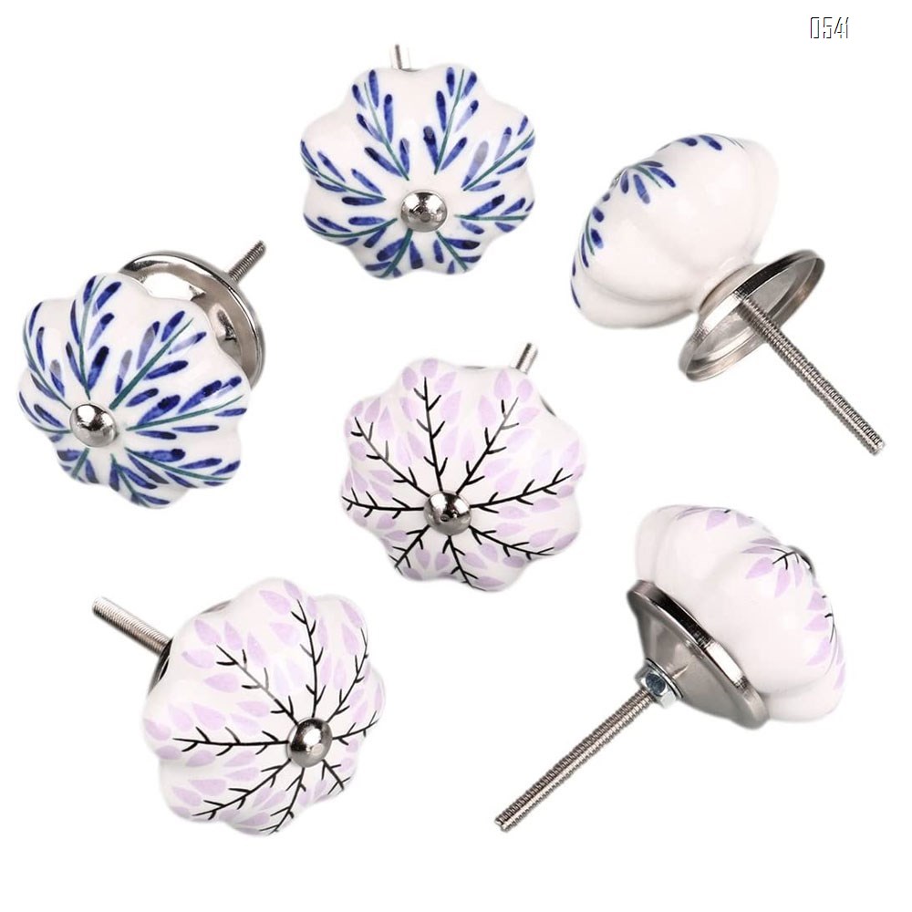 Vintage Shabby Knobs Blue and Pink Floral Hand Painted Ceramic Pumpkin Cupboard Wardrobe Cabinet Drawer Door Handles Pulls Knob
