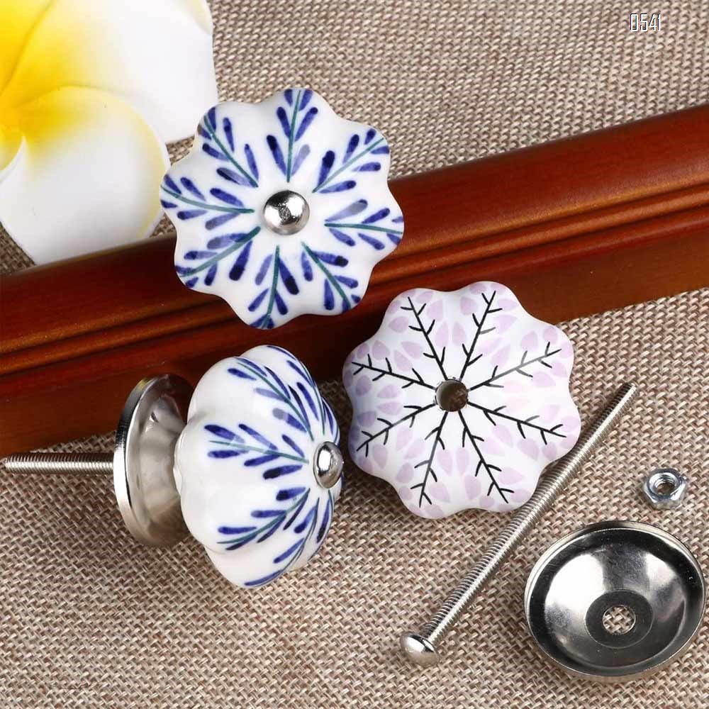 Vintage Shabby Knobs Blue and Pink Floral Hand Painted Ceramic Pumpkin Cupboard Wardrobe Cabinet Drawer Door Handles Pulls Knob