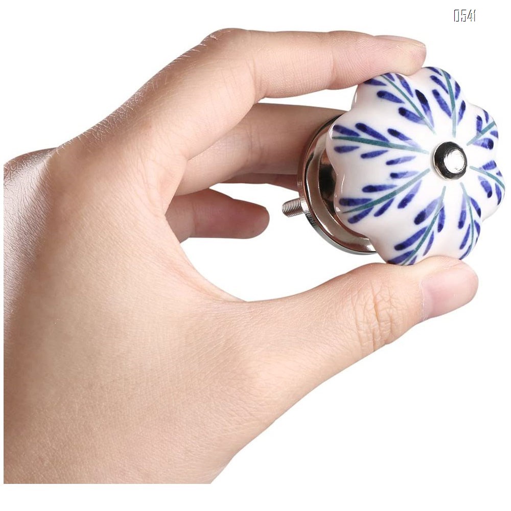 Vintage Shabby Knobs Blue and Pink Floral Hand Painted Ceramic Pumpkin Cupboard Wardrobe Cabinet Drawer Door Handles Pulls Knob