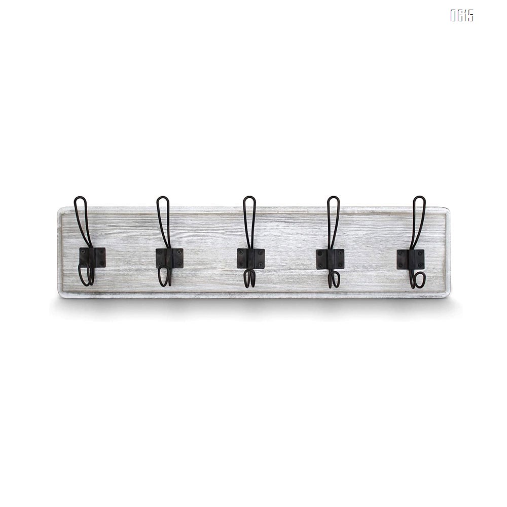 Whitewash Rustic Coat Rack - Wall Mounted Wooden 24 Inch Entryway Coat Hooks - 5 Rustic Hooks, Solid Pine Wood. Perfect Touch for Your Entryway, Kitchen, Bathroom