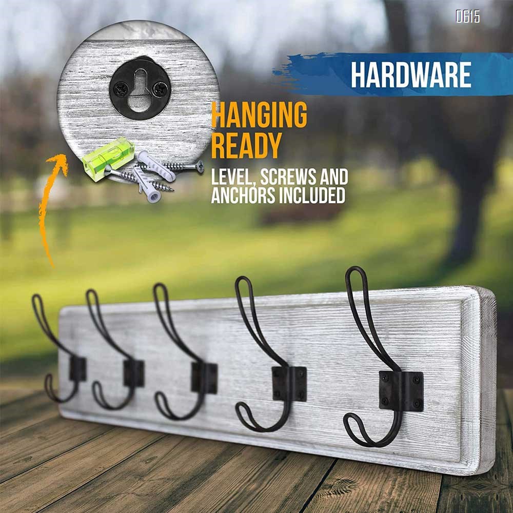 Whitewash Rustic Coat Rack - Wall Mounted Wooden 24 Inch Entryway Coat Hooks - 5 Rustic Hooks, Solid Pine Wood. Perfect Touch for Your Entryway, Kitchen, Bathroom