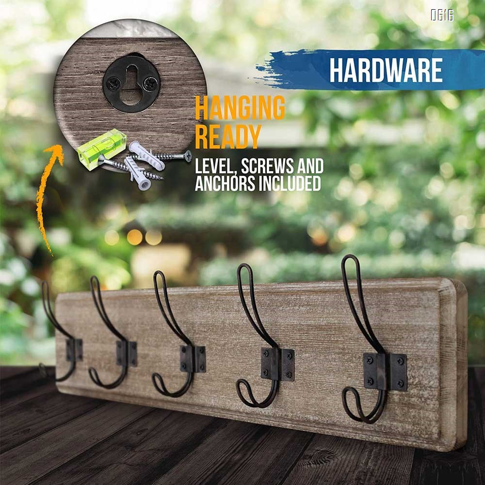 Weathered Brown Rustic Coat Rack - Wall Mounted Wooden 24 Inch Entryway Coat Hooks - 5 Rustic Hooks, Solid Pine Wood. Perfect Touch for Your Entryway, Kitchen, Bathroom