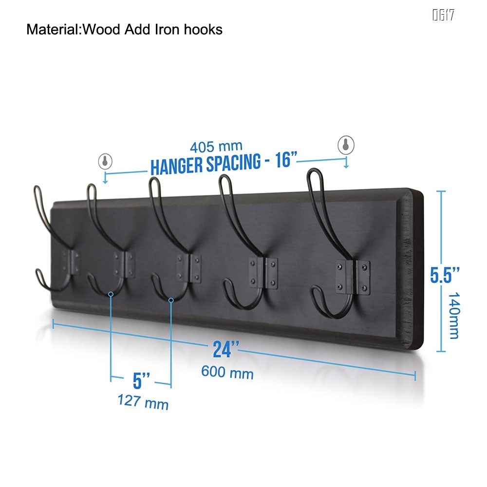 Black Rustic Coat Rack - Wall Mounted Wooden 24 Inch Entryway Coat Hooks - 5 Rustic Hooks, Solid Pine Wood. Perfect Touch for Your Entryway, Kitchen, Bathroom