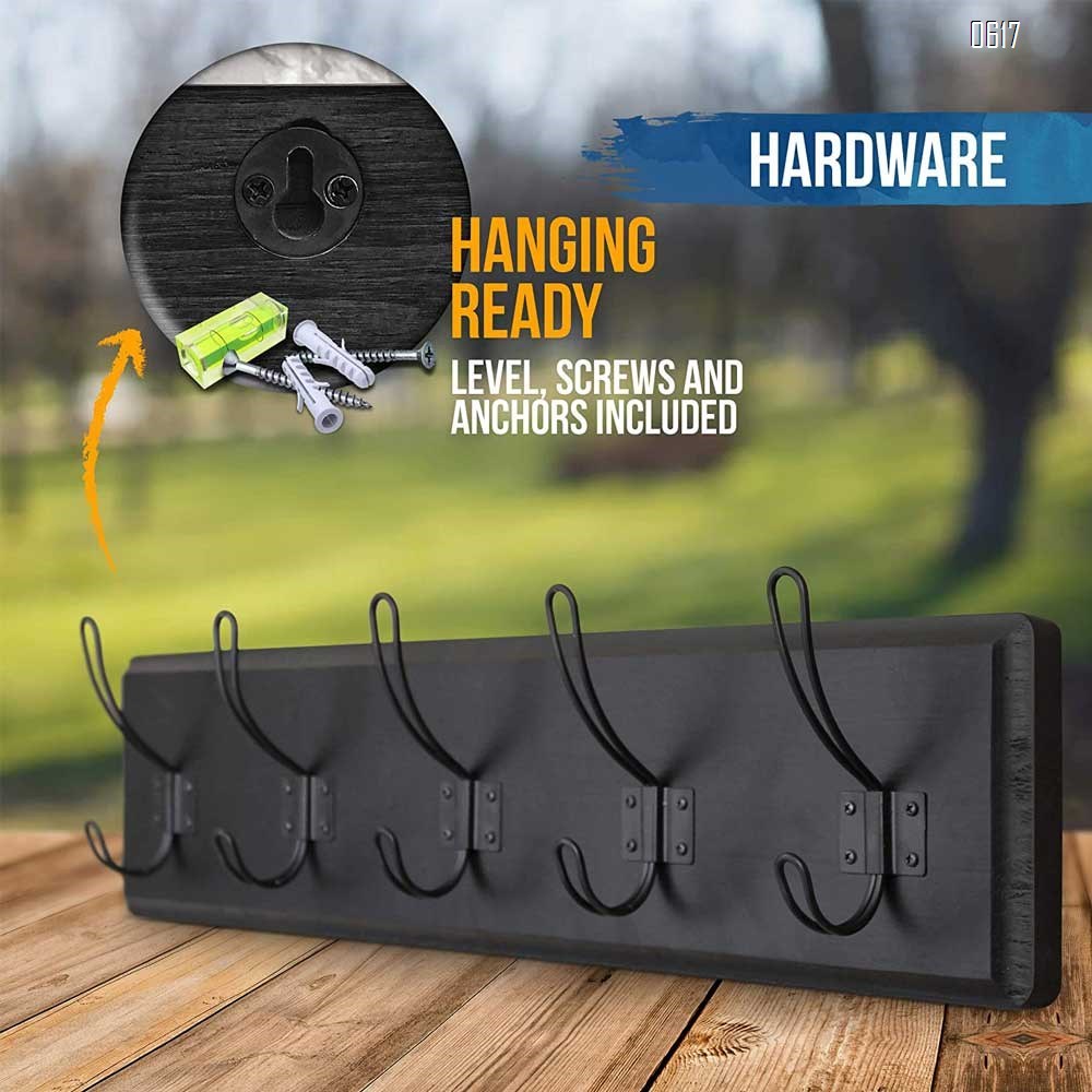 Black Rustic Coat Rack - Wall Mounted Wooden 24 Inch Entryway Coat Hooks - 5 Rustic Hooks, Solid Pine Wood. Perfect Touch for Your Entryway, Kitchen, Bathroom