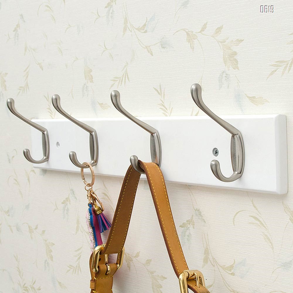 Bamboo 19 inch Hook Rail / Rack, with 4 Heavy Duty Coat and Hat Hooks, in White Zinc Alloy