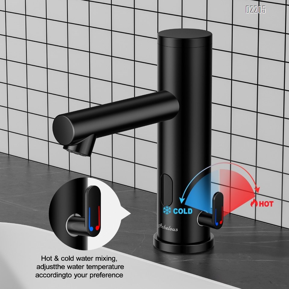 Automatic Touchless Bathroom Sink Faucet with Deck Plate,Hands Free Infrared Sensor Basin Faucet with Temperature Control, Battery Powered Sensor Bathroom Tap,Black