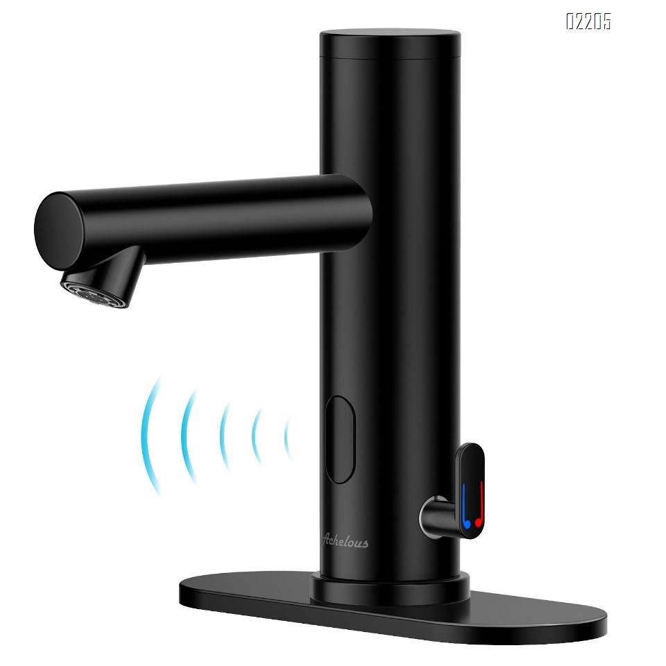 Automatic Touchless Bathroom Sink Faucet with Deck Plate,Hands Free Infrared Sensor Basin Faucet with Temperature Control, Battery Powered Sensor Bathroom Tap,Black