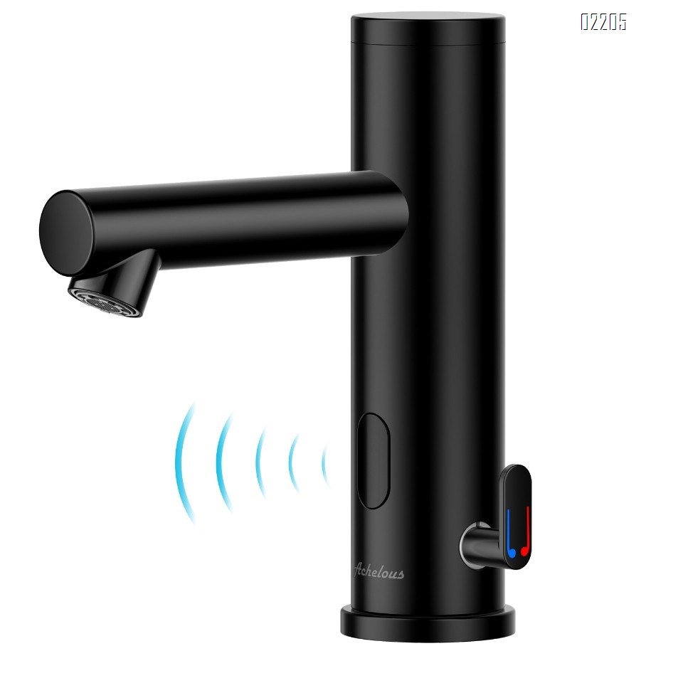 Automatic Touchless Bathroom Sink Faucet with Deck Plate,Hands Free Infrared Sensor Basin Faucet with Temperature Control, Battery Powered Sensor Bathroom Tap,Black