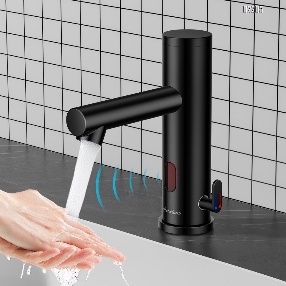 Automatic Touchless Bathroom Sink Faucet with Deck Plate,Hands Free Infrared Sensor Basin Faucet with Temperature Control, Battery Powered Sensor Bathroom Tap,Black