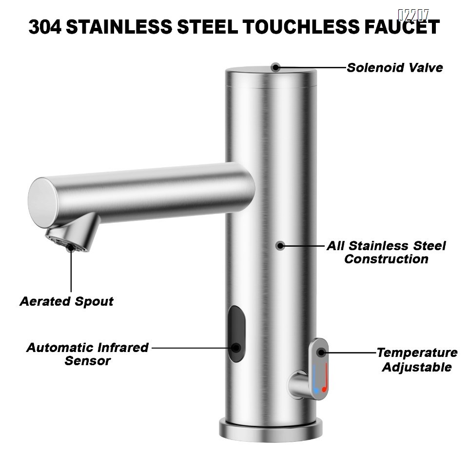 Achelous Stainless Steel Automatic Touchless Bathroom Sink Faucet, Hands Free Infrared Sensor Basin Faucet with Temperature Control, Battery Powered Sensor Bathroom Tap Brushed Nickel