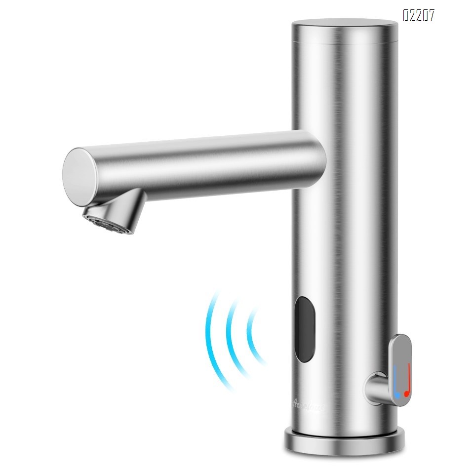 Achelous Stainless Steel Automatic Touchless Bathroom Sink Faucet, Hands Free Infrared Sensor Basin Faucet with Temperature Control, Battery Powered Sensor Bathroom Tap Brushed Nickel
