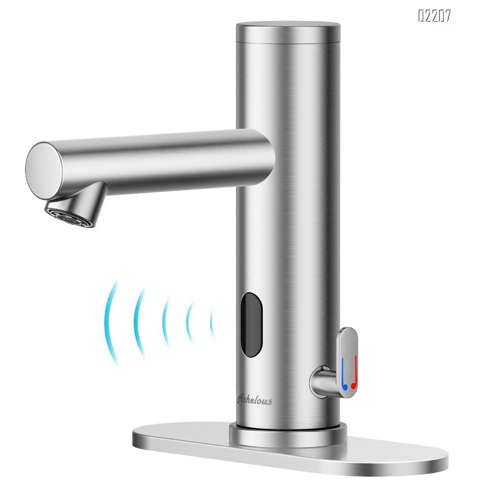 Achelous Stainless Steel Automatic Touchless Bathroom Sink Faucet, Hands Free Infrared Sensor Basin Faucet with Temperature Control, Battery Powered Sensor Bathroom Tap Brushed Nickel