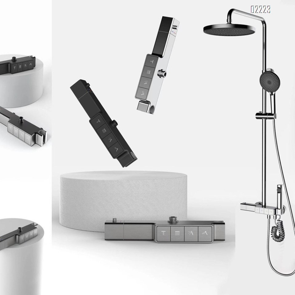 New grey all-Brass bathroom four-function shower head set with Round and Square Top spray