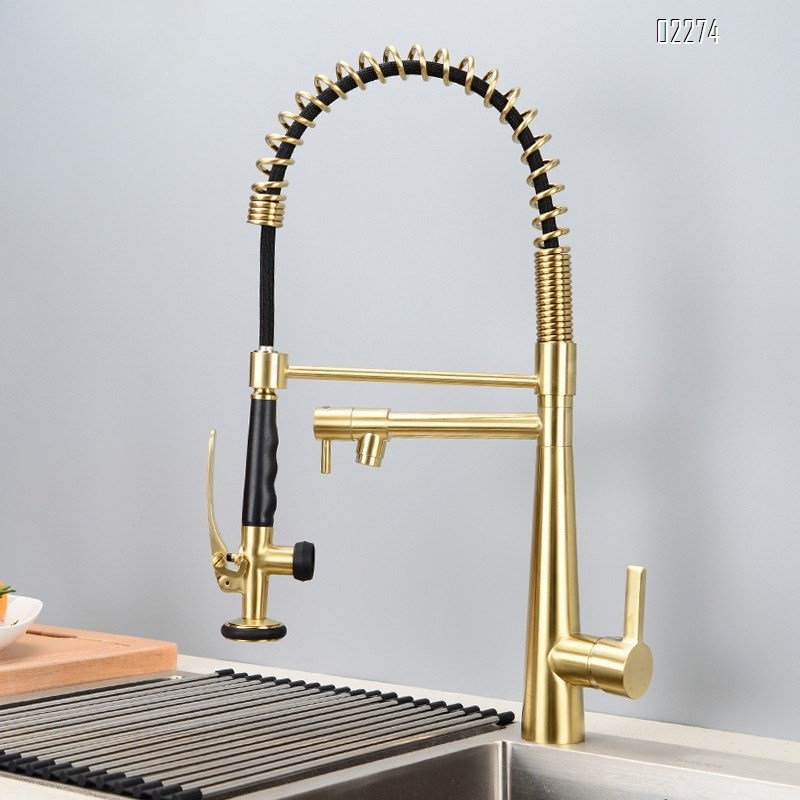 American Style All-Brass Spring Hot and Cold Kitchen Faucet Sink Basin Rotating Shower Pull-Out Faucet