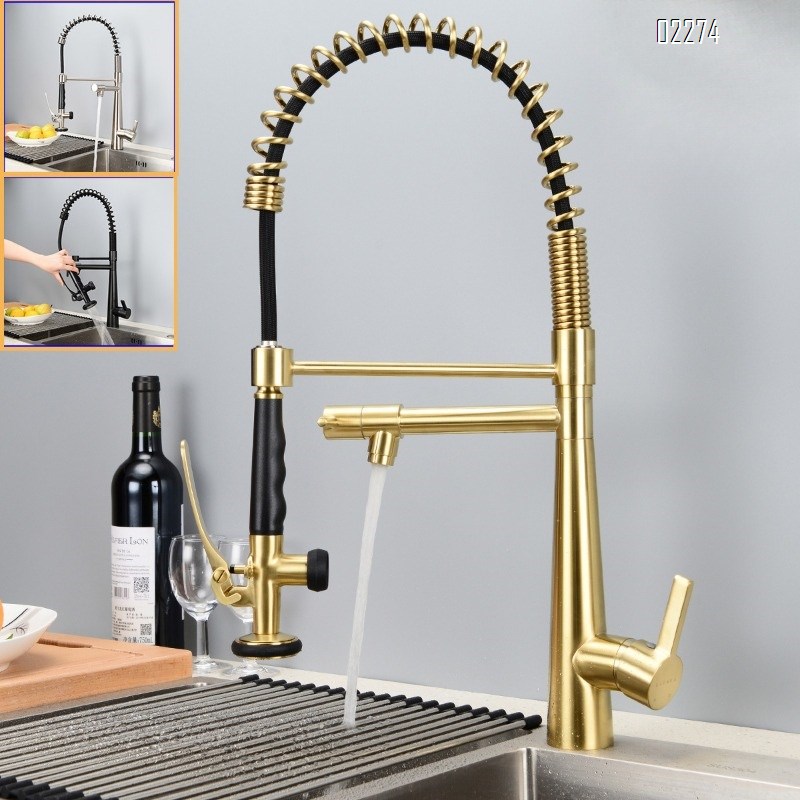 American Style All-Brass Spring Hot and Cold Kitchen Faucet Sink Basin Rotating Shower Pull-Out Faucet
