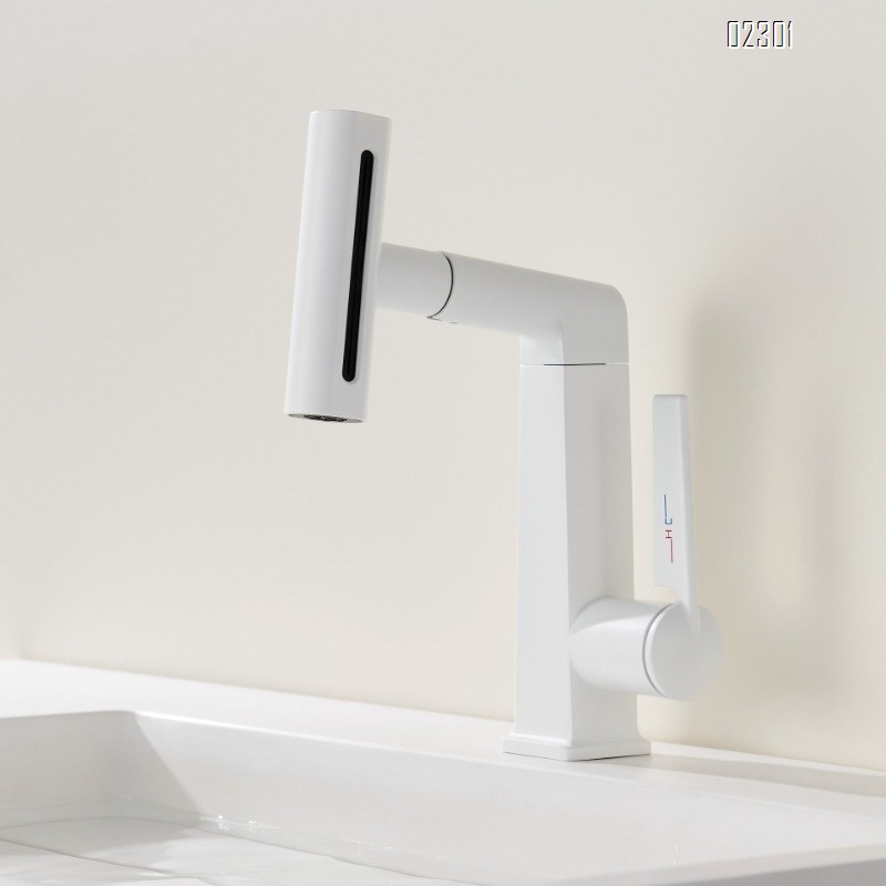 White Multi functional Rotating Lift Pull Basin Faucet Rainfall Waterfall Hot and Cold Bathroom Brass Faucet