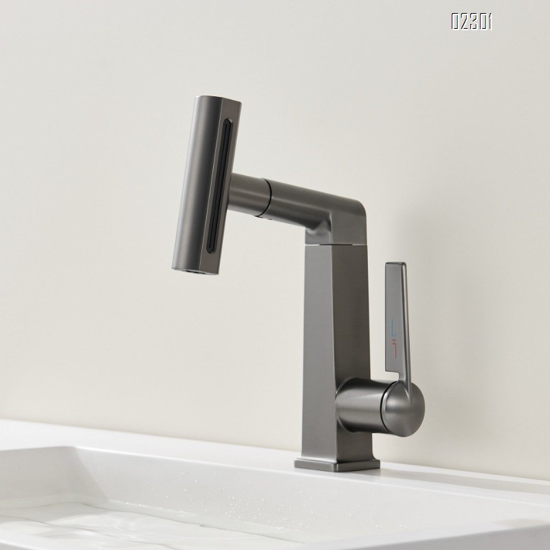 White Multi functional Rotating Lift Pull Basin Faucet Rainfall Waterfall Hot and Cold Bathroom Brass Faucet