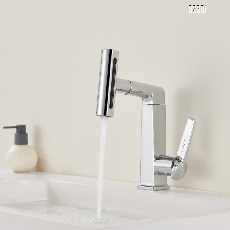 White Multi functional Rotating Lift Pull Basin Faucet Rainfall Waterfall Hot and Cold Bathroom Brass Faucet