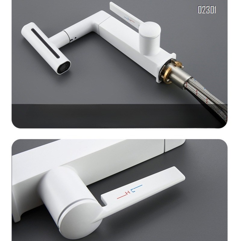 White Multi functional Rotating Lift Pull Basin Faucet Rainfall Waterfall Hot and Cold Bathroom Brass Faucet