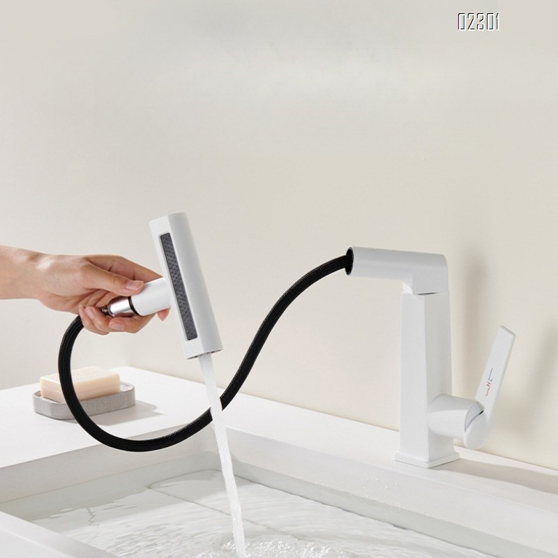 White Multi functional Rotating Lift Pull Basin Faucet Rainfall Waterfall Hot and Cold Bathroom Brass Faucet
