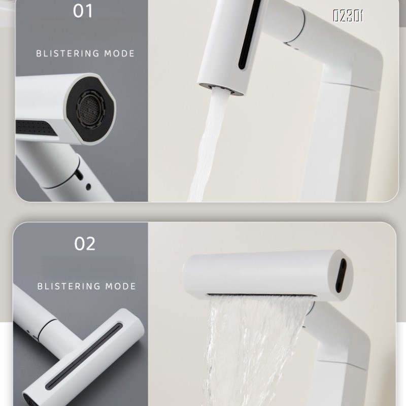 White Multi functional Rotating Lift Pull Basin Faucet Rainfall Waterfall Hot and Cold Bathroom Brass Faucet