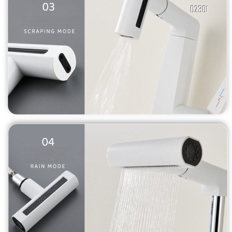 White Multi functional Rotating Lift Pull Basin Faucet Rainfall Waterfall Hot and Cold Bathroom Brass Faucet