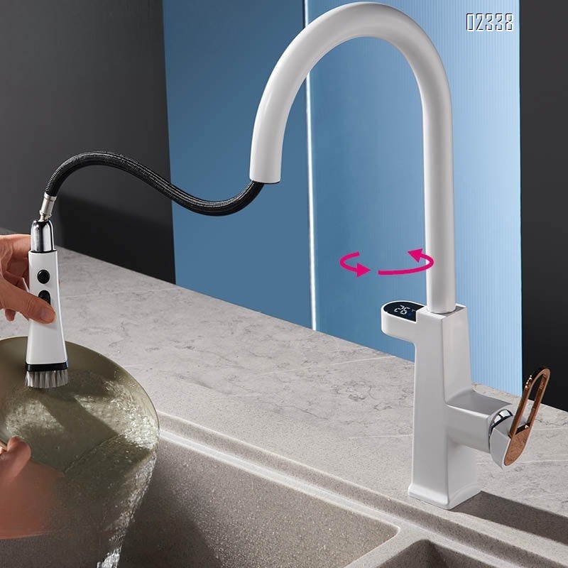 Zinc Alloy modern Kitchen sink water Best Faucets pull out Tap Digital Display Washing Scrubbing Function White Sink Faucet