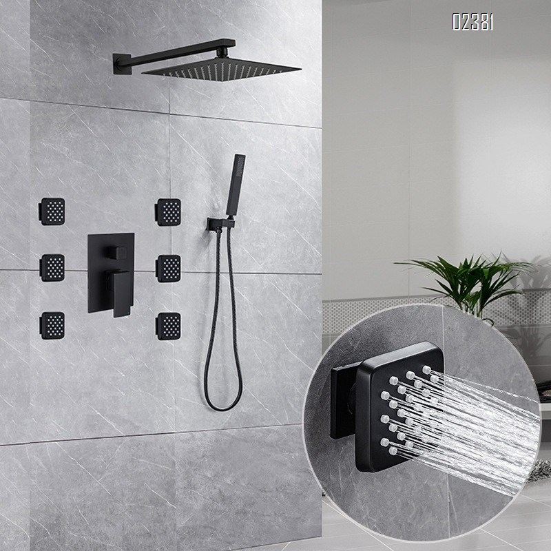 Brass Concealed Shower Head Set Wall Mounted Hot and Cold Square Mixing Valve Side Spray Black Large Ceiling Spray Tap