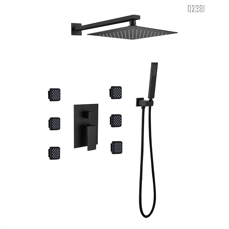 Brass Concealed Shower Head Set Wall Mounted Hot and Cold Square Mixing Valve Side Spray Black Large Ceiling Spray Tap