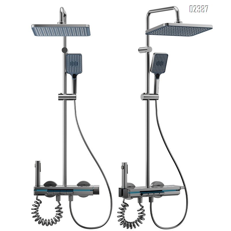 Alumimum Bathroom Pressure-Boosting Shower Digital Display Rain Shower Set Water Plated Gray Shower Set with Ambient Light