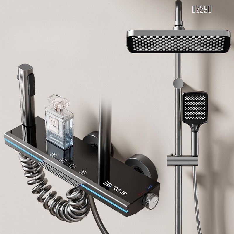 Alumimum Piano Gray Digital Display Ambient Light Constant Temperature Shower Set Digital Display Household Bathroom