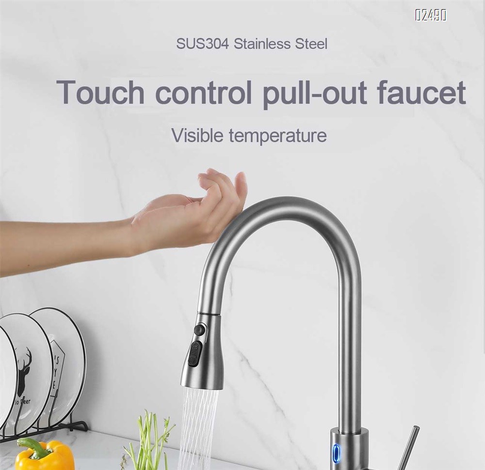 Gunmetal gray kitchen pull-out stainless steel touch control with temperature display rotating sink faucet with cold and hot water tap