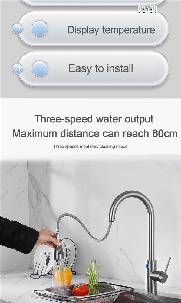 Gunmetal gray kitchen pull-out stainless steel touch control with temperature display rotating sink faucet with cold and hot water tap