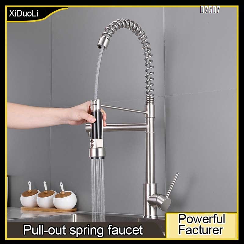 304 stainless steel brushed pull-out spring double outlet rotating cold and hot kitchen faucet