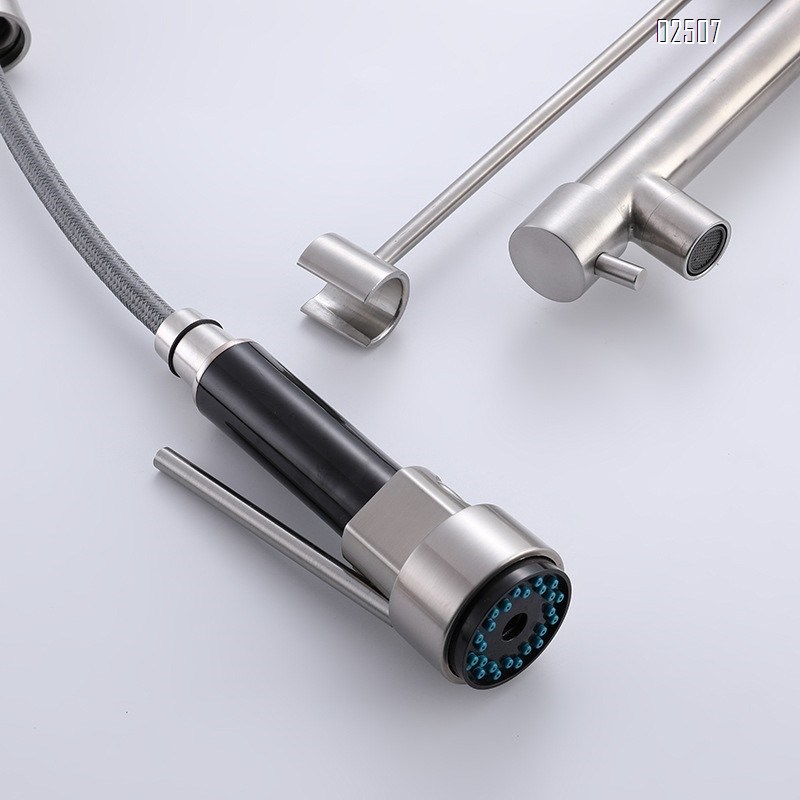 304 stainless steel brushed pull-out spring double outlet rotating cold and hot kitchen faucet