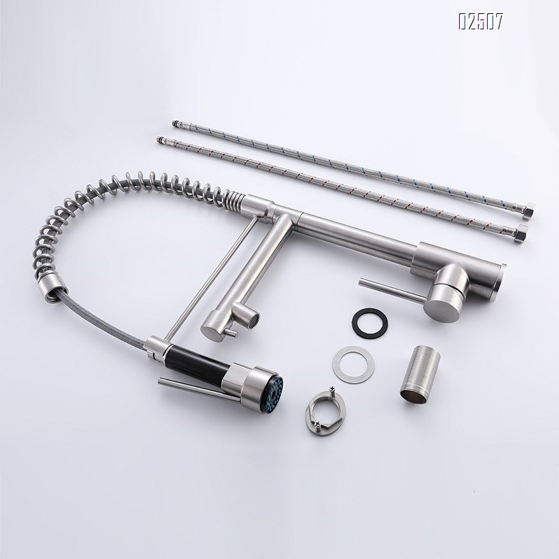 304 stainless steel brushed pull-out spring double outlet rotating cold and hot kitchen faucet