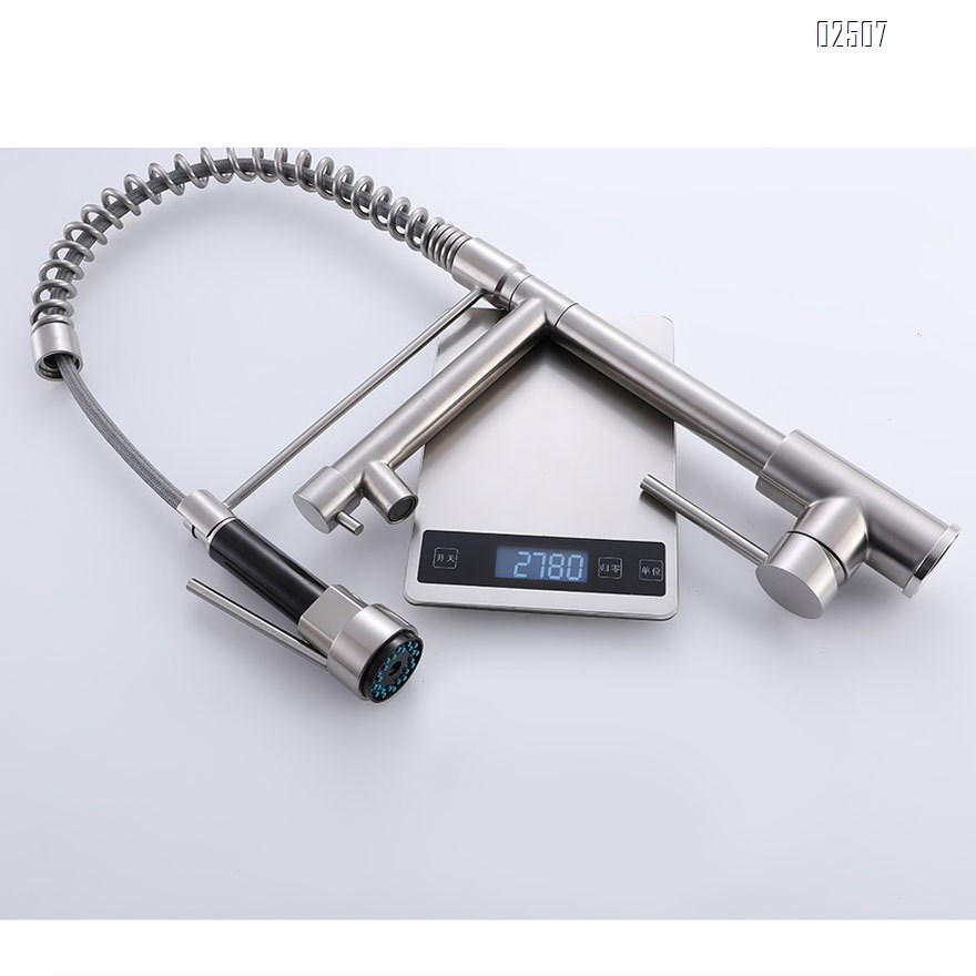 304 stainless steel brushed pull-out spring double outlet rotating cold and hot kitchen faucet