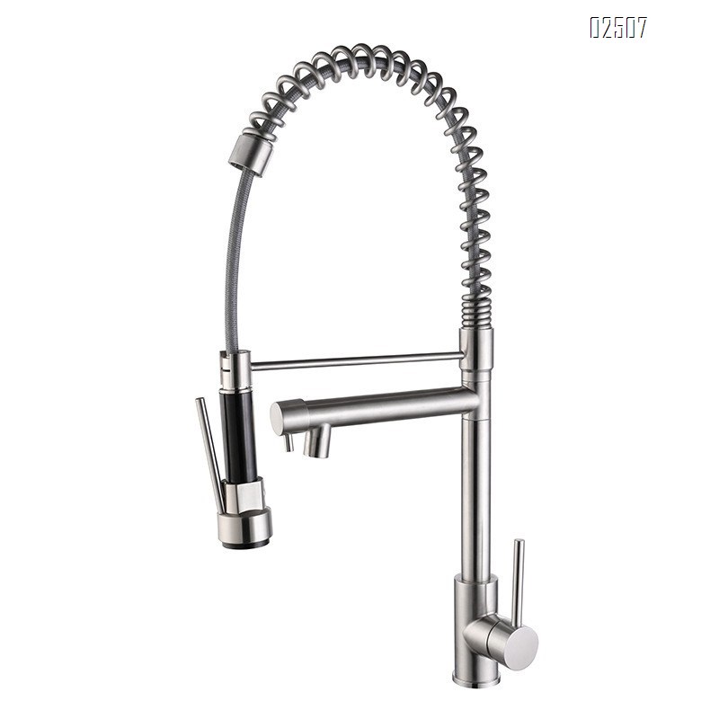 304 stainless steel brushed pull-out spring double outlet rotating cold and hot kitchen faucet