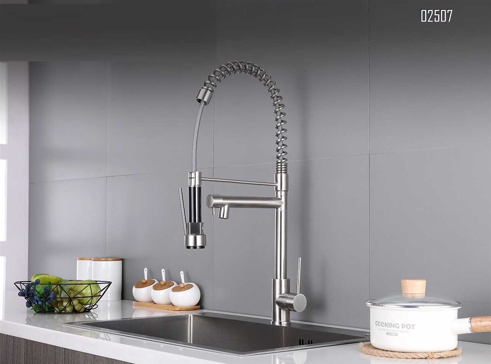 304 stainless steel brushed pull-out spring double outlet rotating cold and hot kitchen faucet