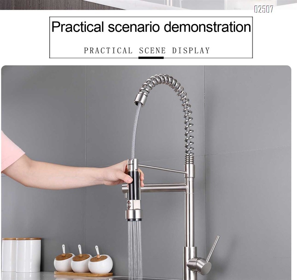 304 stainless steel brushed pull-out spring double outlet rotating cold and hot kitchen faucet