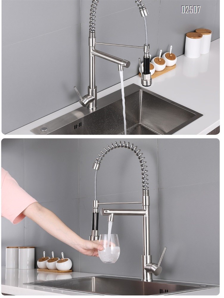 304 stainless steel brushed pull-out spring double outlet rotating cold and hot kitchen faucet