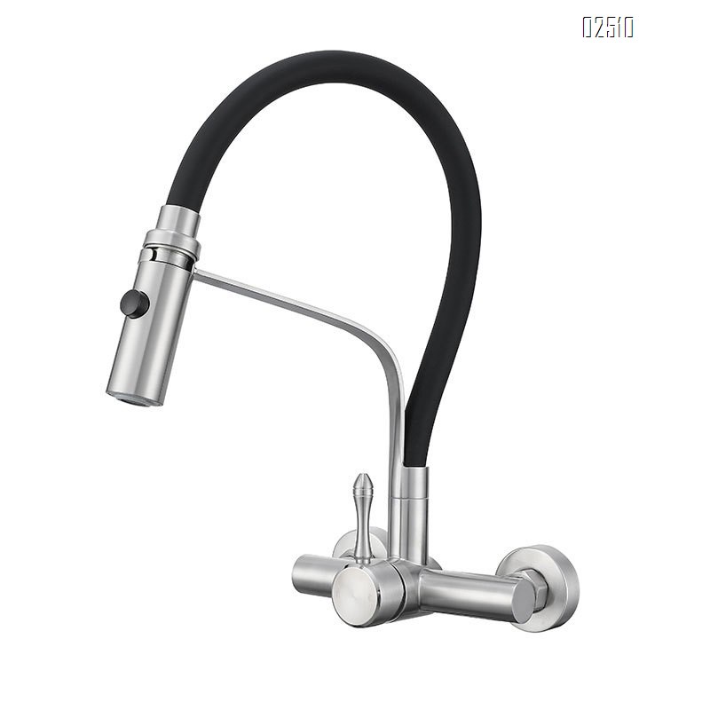 Pull-out kitchen faucet with stainless steel body and silicone flexible gooseneck cold and hot water faucet