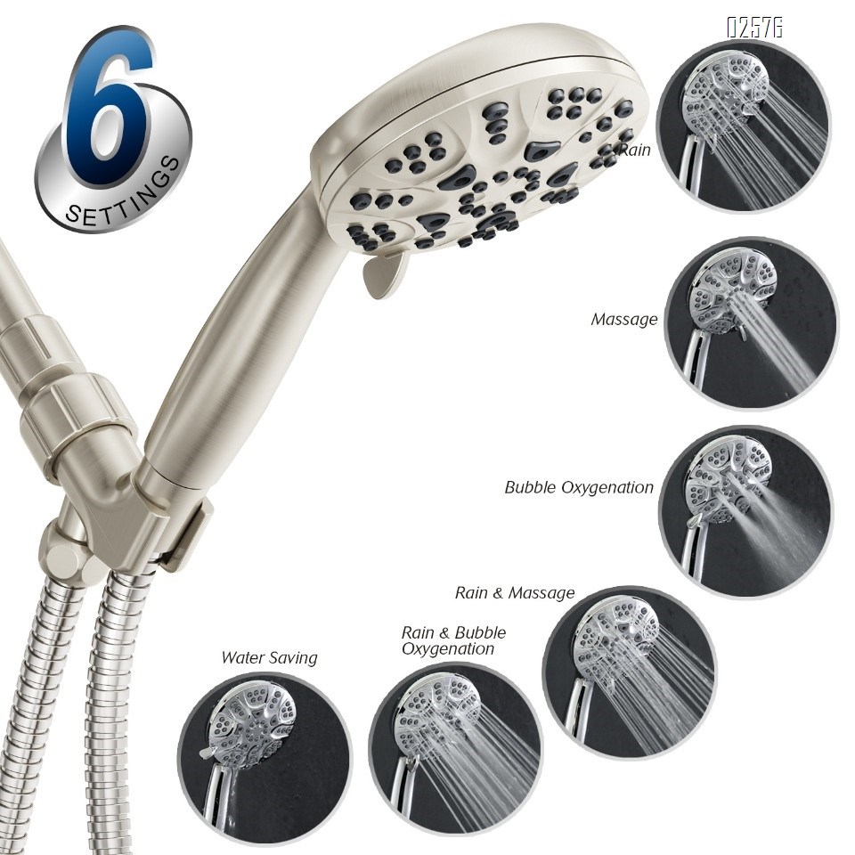 High Pressure Hand hled Shower Head Set 6 Spray Mode with Hose and Bracket Anti-Clog Nozzles for Bathroom